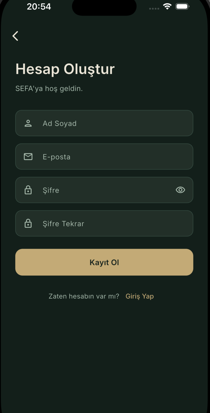 SEFA sign-up screen